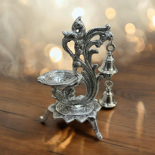 Peacock Design Diya with Metal Bell,Gift Silver White Metal Diya